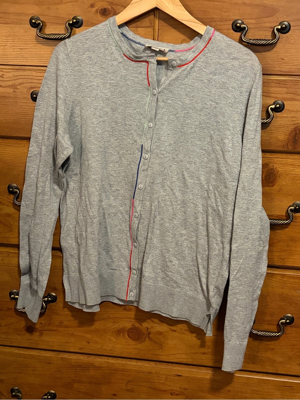 LOFT Light Gray Button-Front Cardigan with Red and Blue Trim